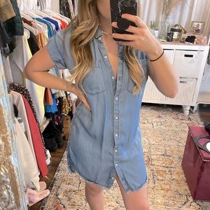 Thread and supply raw hem denim shirt dress short sleeve button up cuff sleeve
